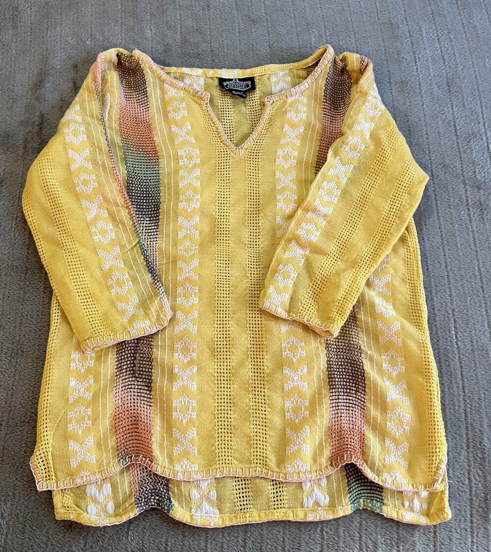 Women’s Angie Yellow Crochet Embroidered V-Neck Tunic Top 3/4 Sleeves Sz Large